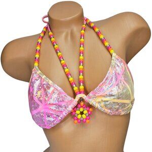 Shimmer Laser Light Beaded Halter Top